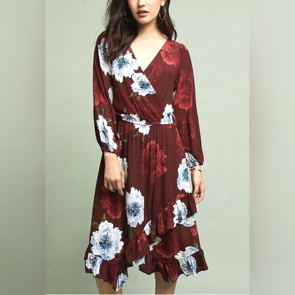 Anthropologie Plenty by Tracy Reese Aleah Burgundy Floral Midi Dress - Size S